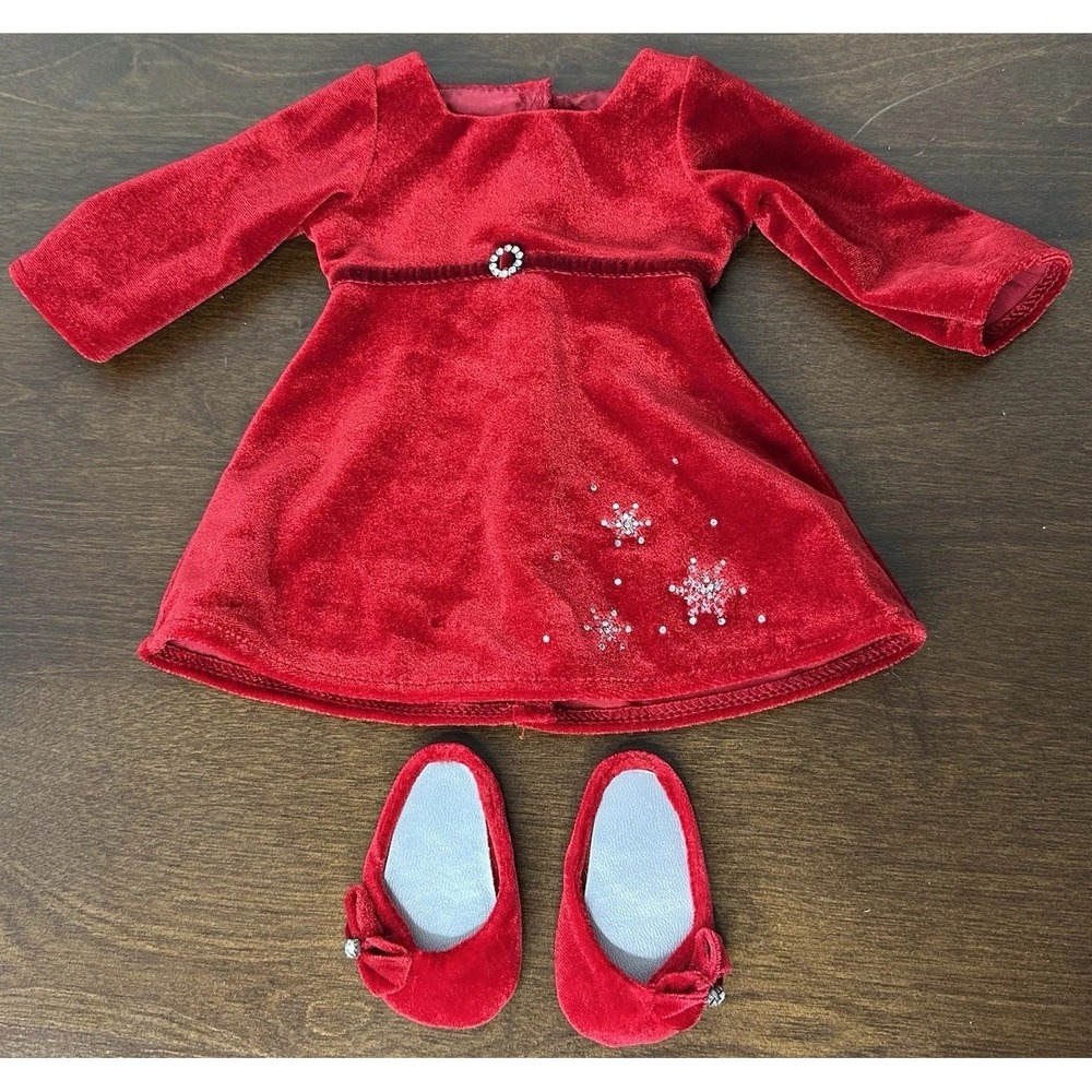 Radiant Rhinestones Outfit American Girl Red Velvet Dress Shoes Holiday Snow Set